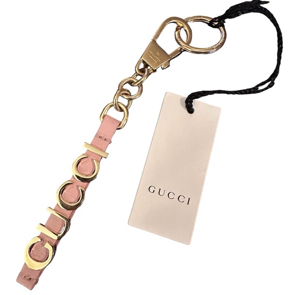 Gucci Pink and Gold Leather Logo Keyring Keychain Bag Charm - Picture 2 of 5